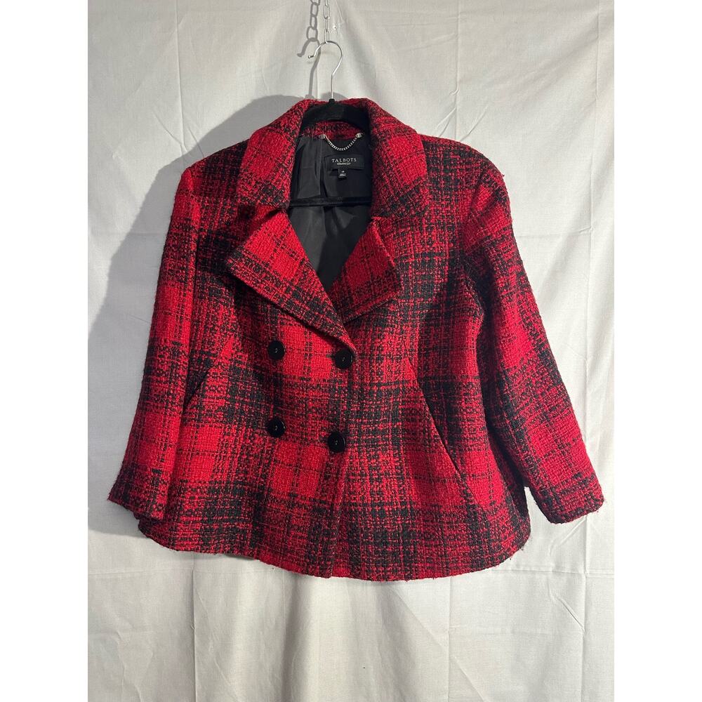 Talbots Blazer Jacket 14 Red Plaid Wool Button Academia Capsule Tweed Pockets